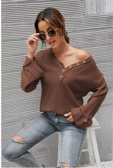 PULLOVER V-NECK LONG SLEEVE SWEATER Cap Sleeve Casual
