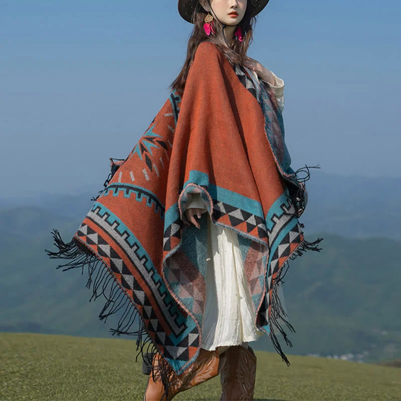 Buddha Stones Tibetan Orange Geometric Rhombus Pattern Tassels Shawl Fall Winter Warm Scarf Wrap Fashionable Shawl with Fringe