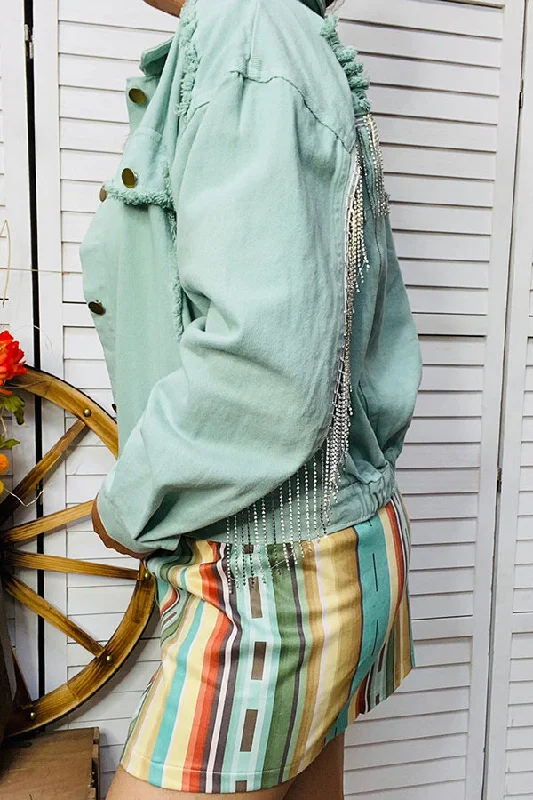DLH13629 Light green denim jacket w/rhinestone fringe Oversized Jacket Tailored Jacket Straight Jacket