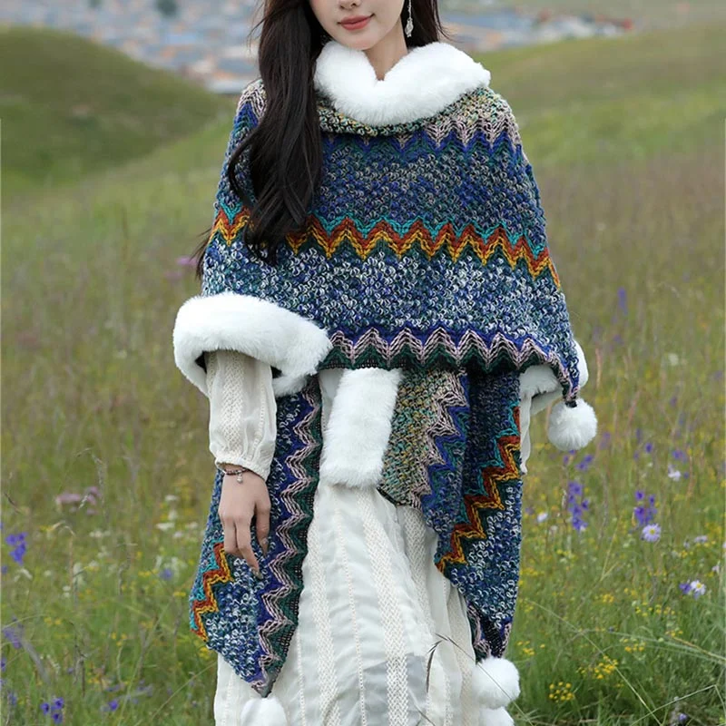 Buddha Stones Tibetan Multicolored Wavy Lines Knitted Striped Shawl Coat Winter Cozy Travel Scarf Wrap Trendy Boho Style Shawl