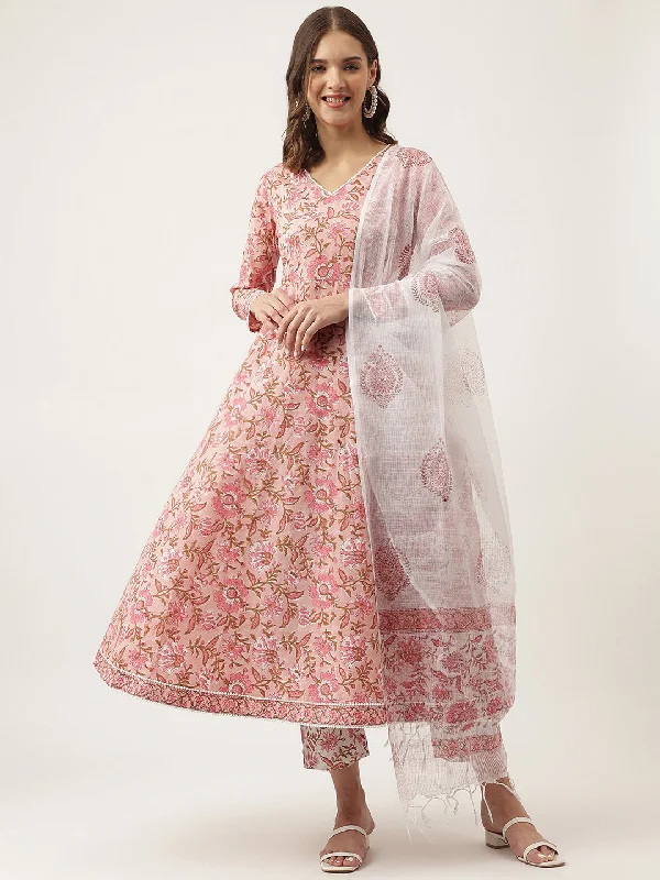 Divena Pink Floral HandBlock Printed Cotton Anarkali Kurta, trouser with Dupatta Set Trousers Summer Linen