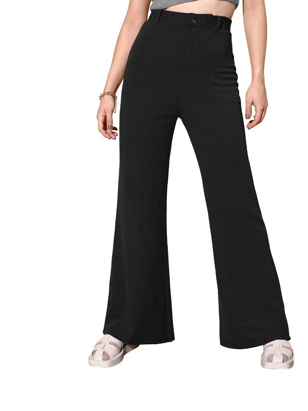 Odette Black Polyester Solid Stylish Trousers For Women Trousers chic fashionable
