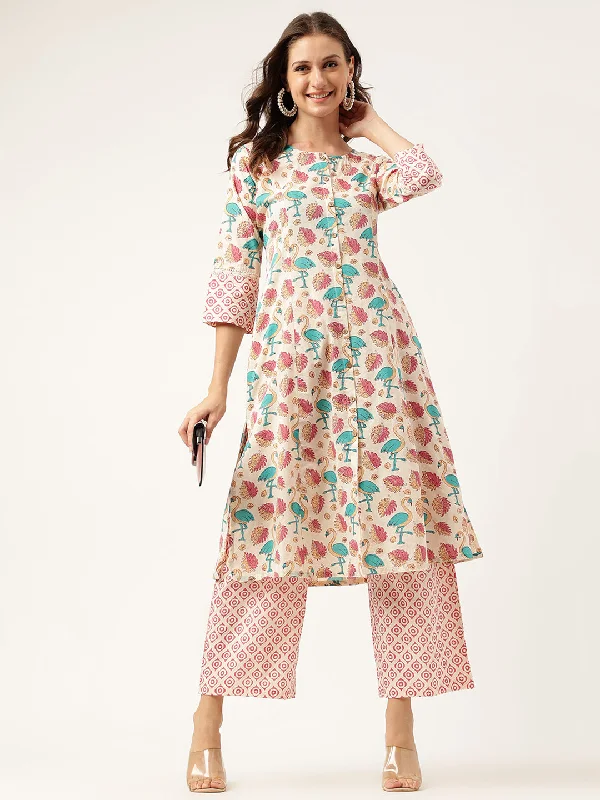 Divena Floral Cotton Kurta with Trouser set Trousers Elastic Waist Soft