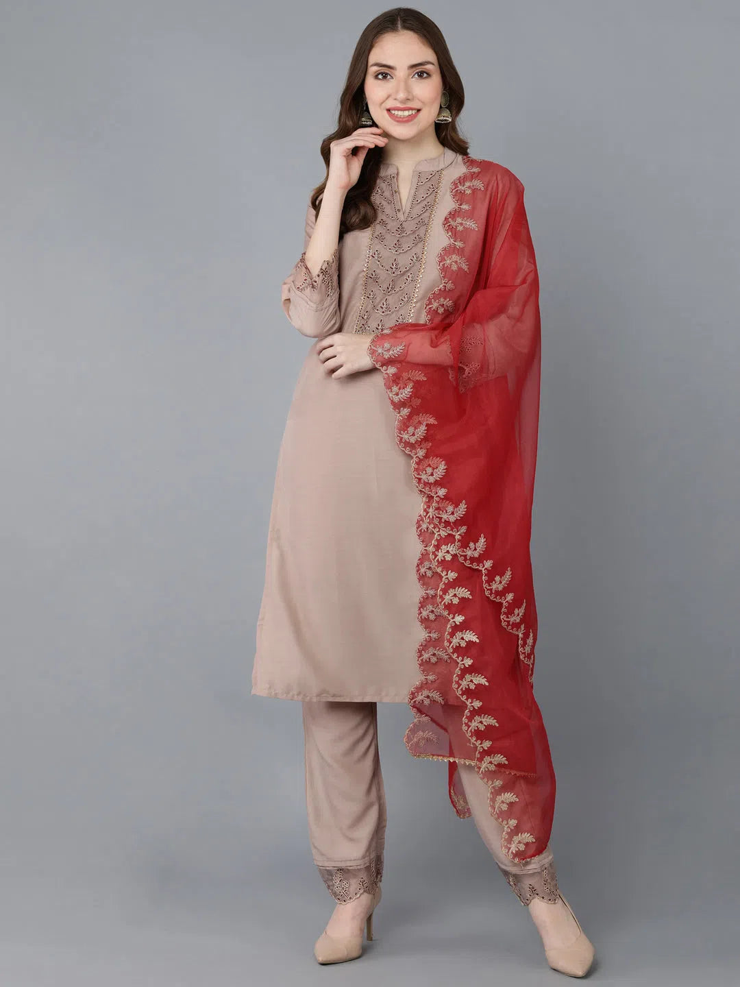 Ahika Poly Silk Embroidered Kurta Trousers With-PKSKD1255A_XS Trousers Office Stylish