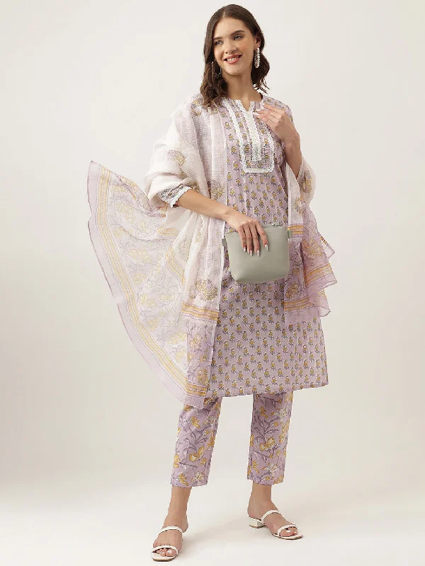 Divena Lavender Hand Block Printed Cotton Kurta, Trouser with Kota Doria Dupatta Set Trousers Lace Delicate