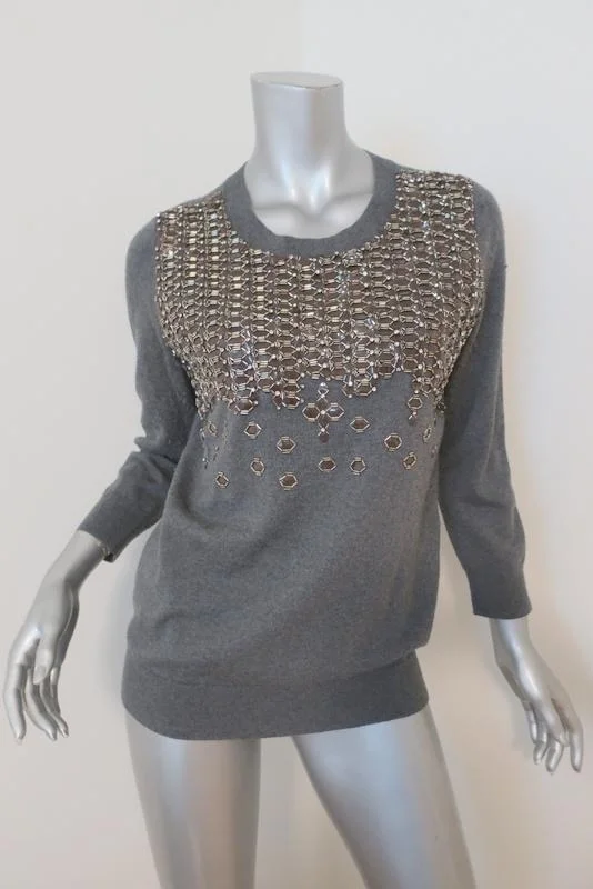 Lela Rose Sweater Gray Beaded & Crystal-Embellished Wool Pullover Size Large Bolero Style Sweater