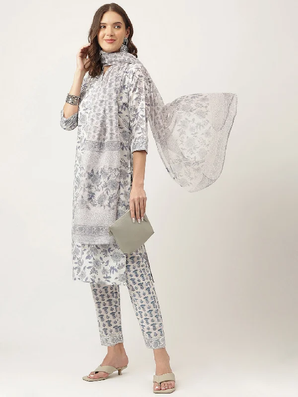 Divena Sky Blue Floral HandBlock Printed Cotton Straight Kurta, trousers with Dupatta Set High Waist Slim Fit Ankle Length