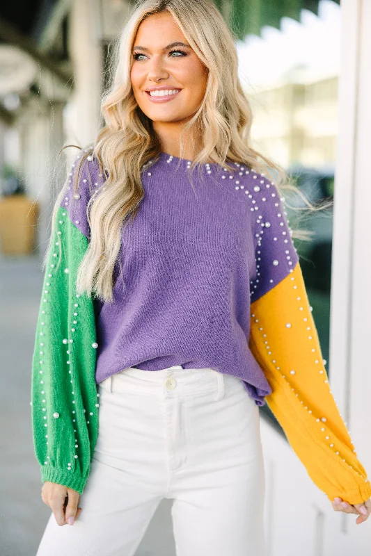 Can't Help But Love You Purple Embellished Sweater Zippered Buttoned Snapped