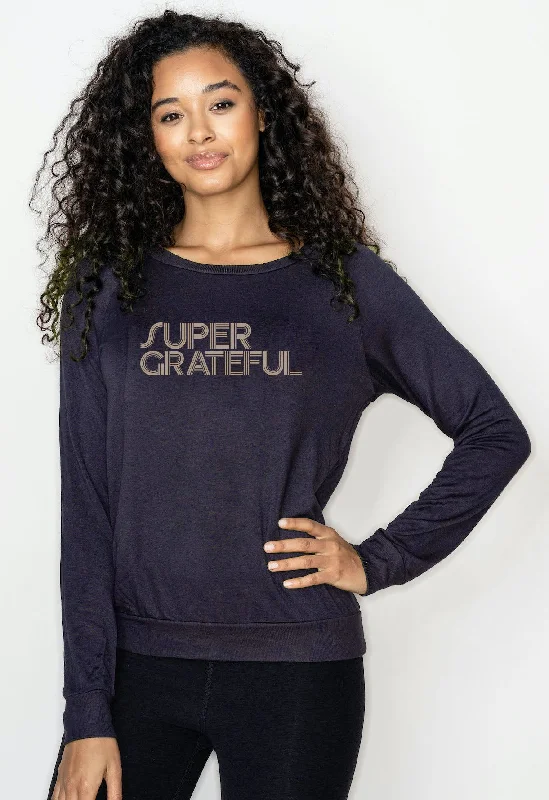 'Super Grateful'  Ultra-Soft Raglan Pullover - Navy Black Puff Sleeve Stylish