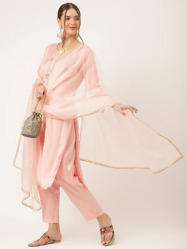 Divena Baby Pink Embroidered Chanderi  Kurta, Trouser With Dupatta Trousers trendy modern