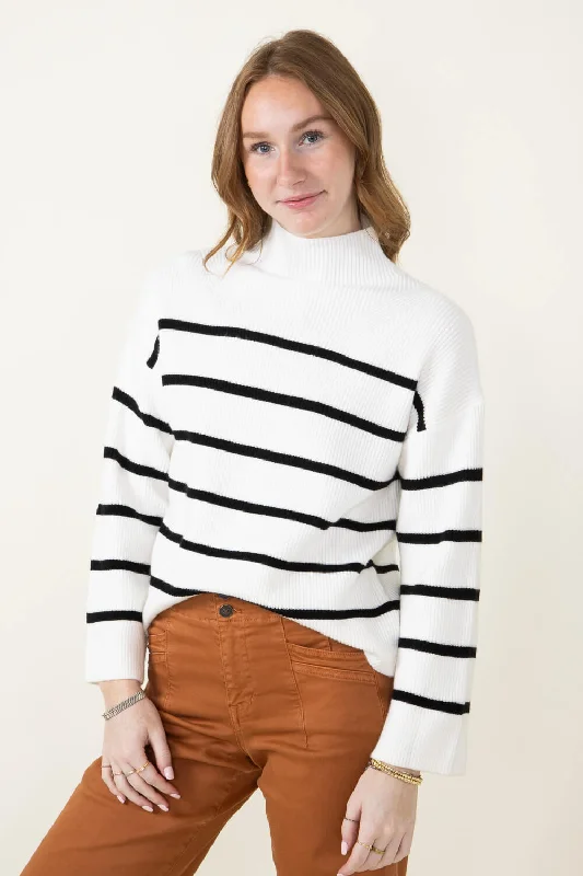 Pencil Stripe Mock Neck Sweater for Women in Ivory | MT1552-IVORY Collared Crew Neck Turtle Neck