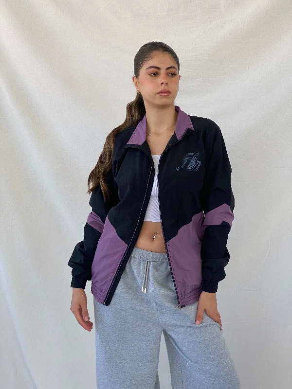 NBA Exclusive Lakers Black and Purple Windbreaker Track Jacket - S Welt Pockets Slit Pockets Flap Pockets NBA Exclusive Lakers Black and Purple Windbreaker Track Jacket - S Welt Pockets Slit Pockets Flap Pockets