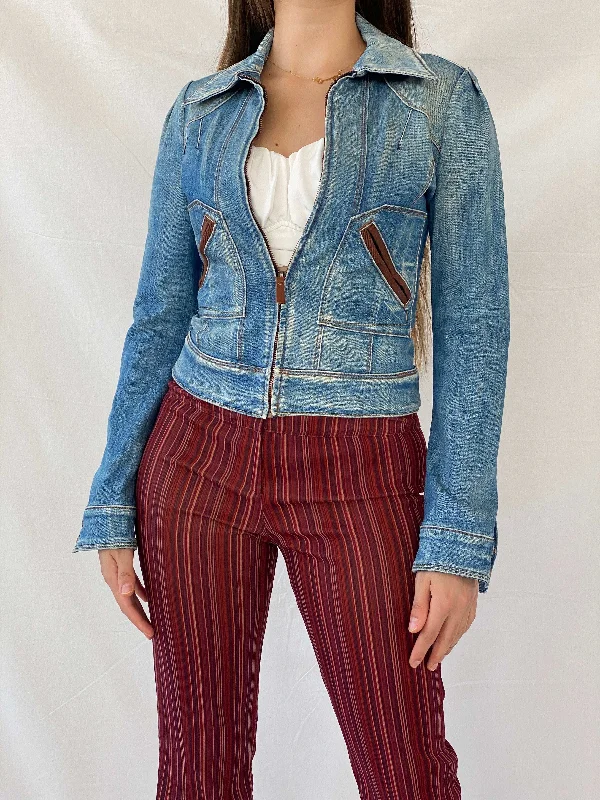 Y2K Miss Sixty Fitted Zip Up Utility Denim Jacket - XS Print Jacket Jacquard Jacket Embroidered Jacket