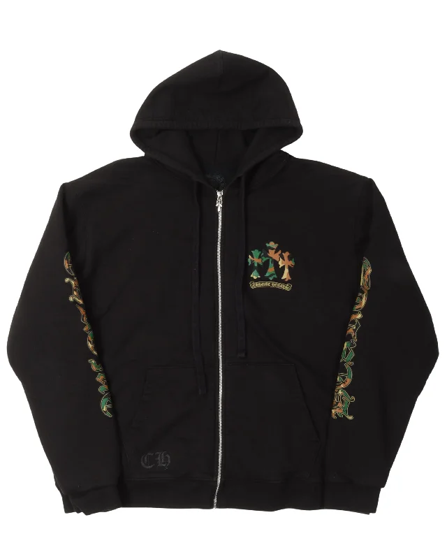 Camouflage Cemetery Cross Zip Up Hoodie Hoodie with Hem Detail Decorative Unique