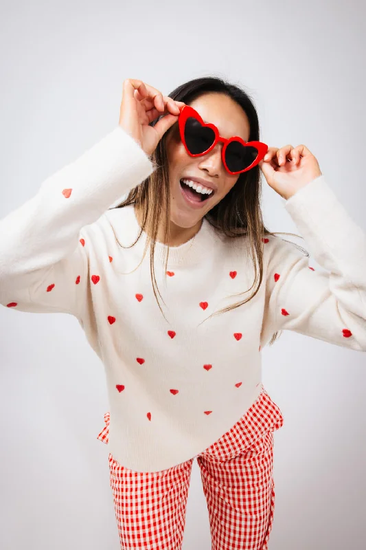 Embroidered Hearts Sweater for Women in Cream and Red | MAS2624-CRMRED Polka Dot Checkered Tartan