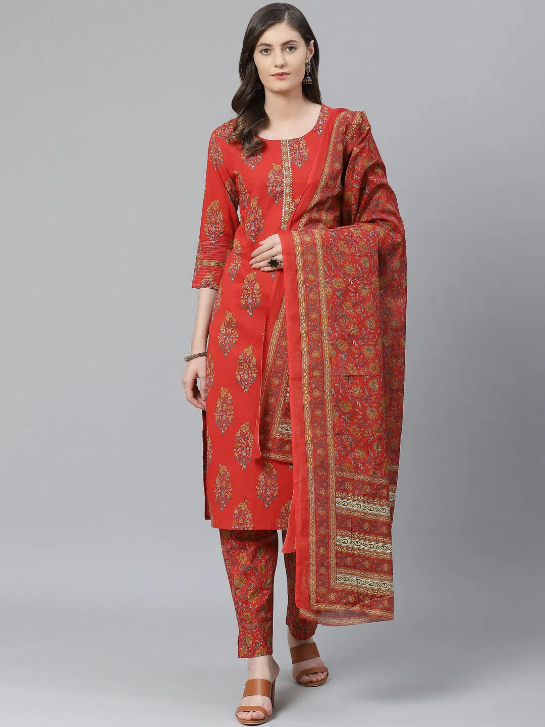 Ahika Women Red Ethnic Motifs Printed Polytser Kurta Trouser With Dupatta Trousers Brand Named