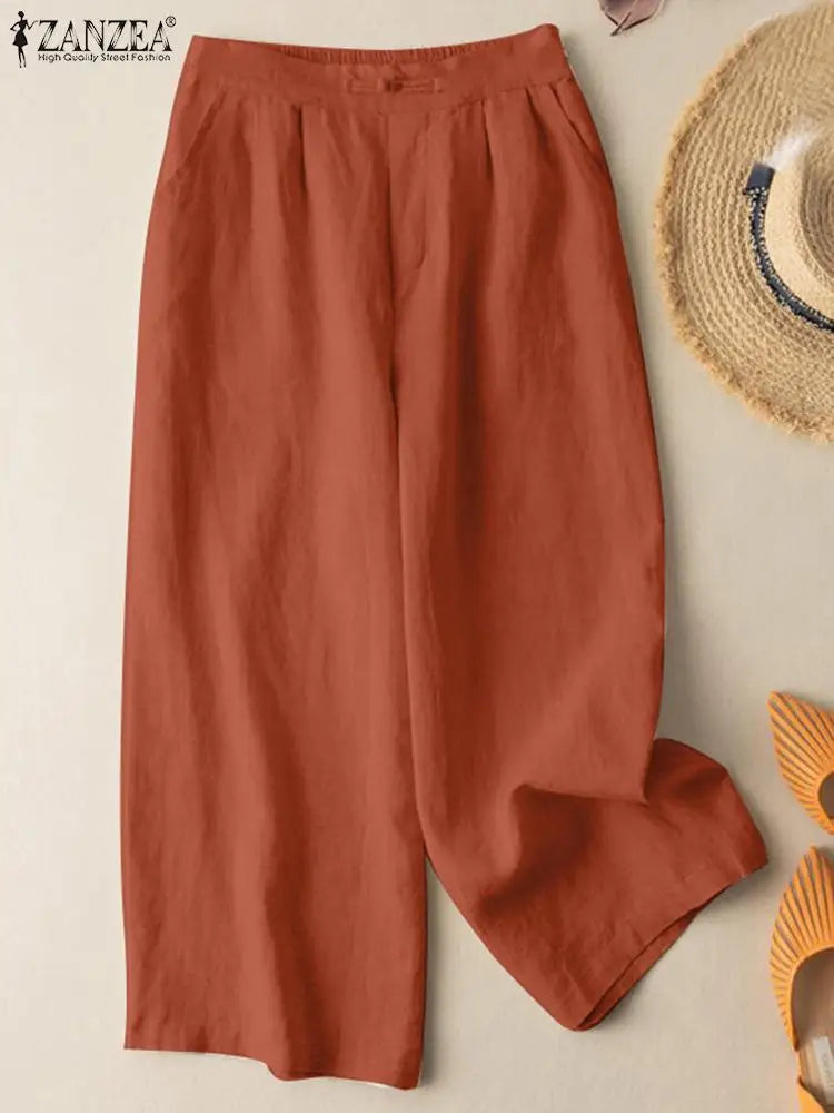 2023 ZANZEA Elegant Cotton Pants Women Trousers Fashion High Waist Office Pantalon Casual Loose Wide Leg Pant Female Long Pant Chinos Cotton Straight Leg