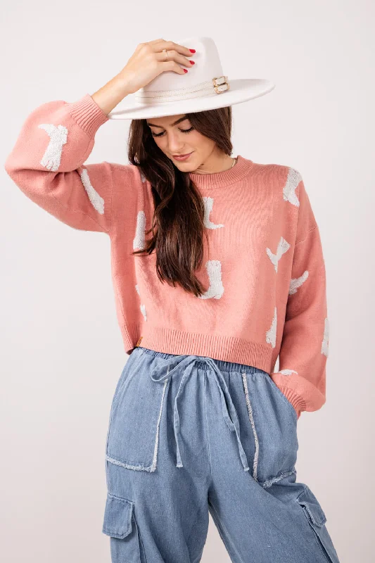 Simply Southern Cropped Boots Sweater for Women in Coral | PP-0224-SWTR-CRP-BOOT Chenille Fabric Brocade Fabric Lace Fabric