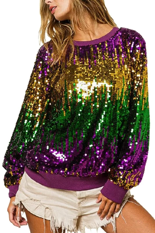 Bibi Clothing Mardi Gras Sequin Color Block Pullover Elbow Length Sleeve