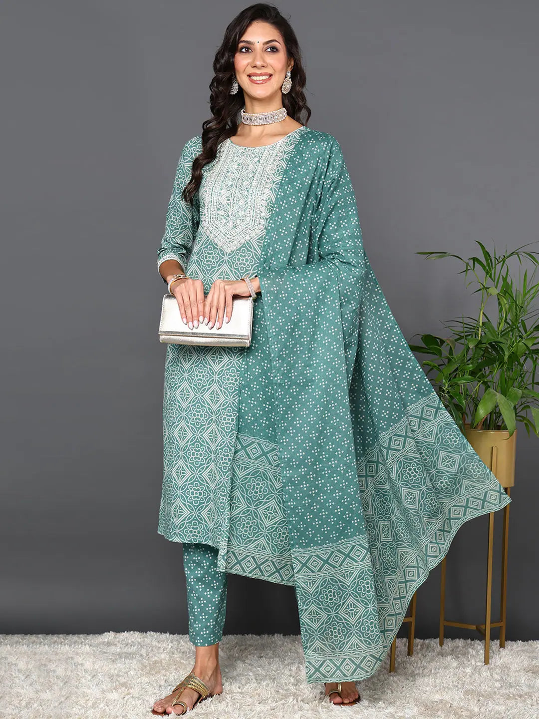 Ahika Women Green Pure Cotton Bandhani Printed Kurta Trouser With Dupatta Trousers fashionable chic