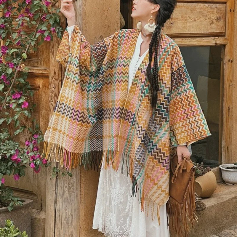 Buddha Stones Tibetan Shawl Colorful Wavy Striped Shapes Tassels Winter Cozy Travel Scarf Wrap Stylish Cashmere Shawl Wrap