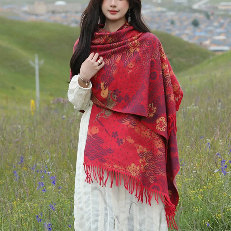 Buddha Stones Tibetan Red Dragon Scale Pattern Tassels Shawl Fall Winter Cozy Scarf Wrap Fashionable Pashmina Shawl