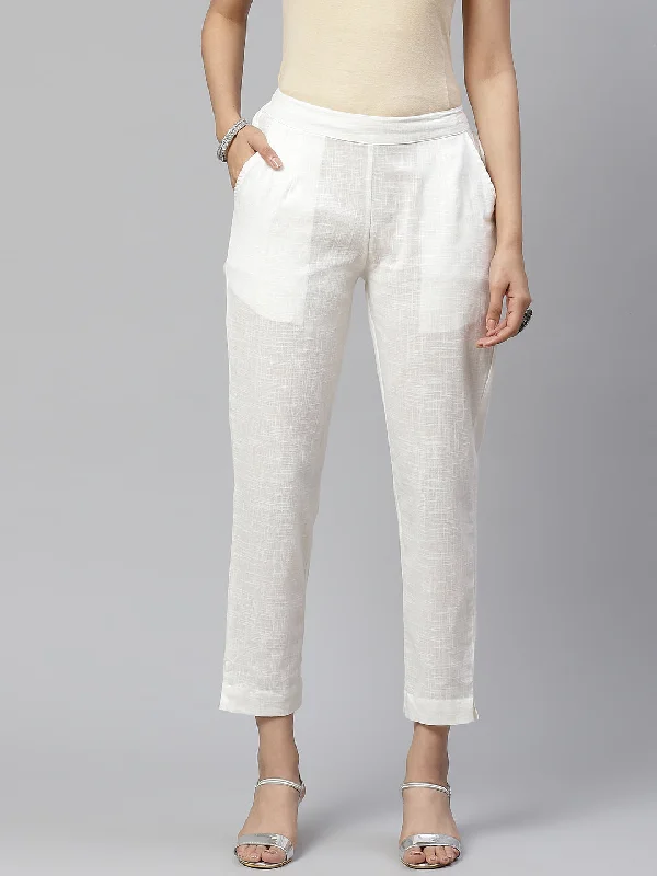 Divena Women Off-White Comfort Regular Fit Solid Cotton Cigarette Trousers Trousers sophisticated sleek