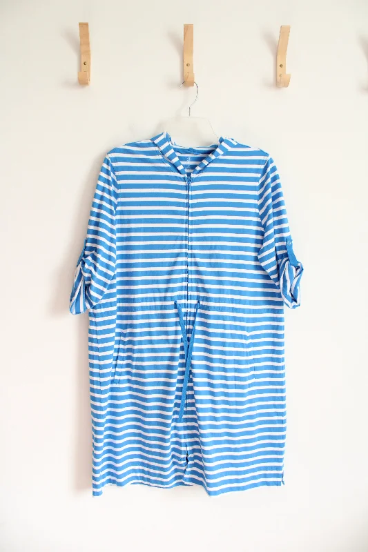 Lands' End Blue & White Striped Cotton Hoodie Dress | L Hoodie with Hem Raw Edge Edgy Unfinished
