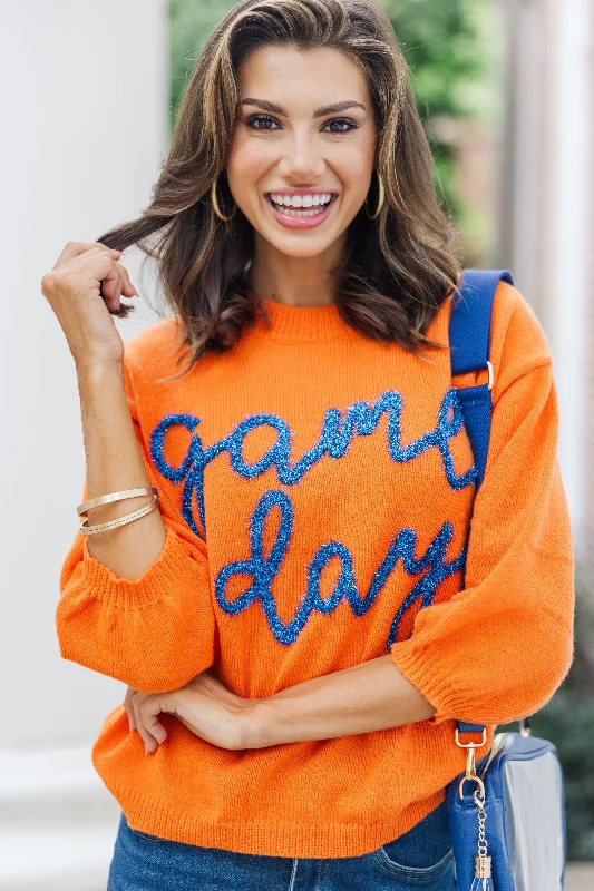 It's Game Day Orange/Blue Puff Sleeve Sweater Turtle Neck Boat Neck Asymmetrical Neck