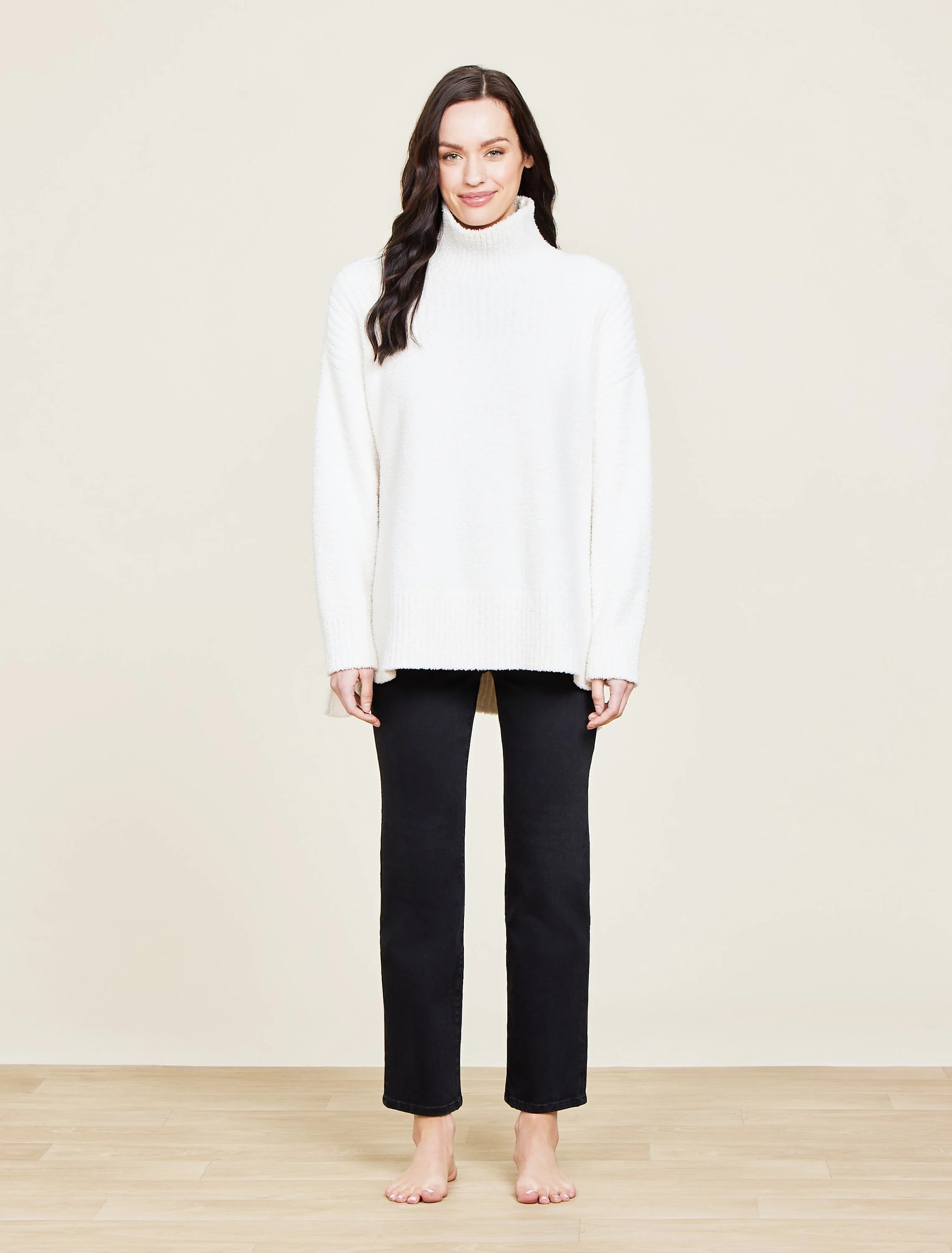 CozyChic® High Low Pullover - Cream Crew Neck Wool