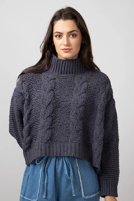 Simply Southern Braid Cropped Sweater for Women in Midnight Grey | PP-0224-SWTR-BRAID-NIGHT Fleece Fabric Down Fabric Feather Fabric