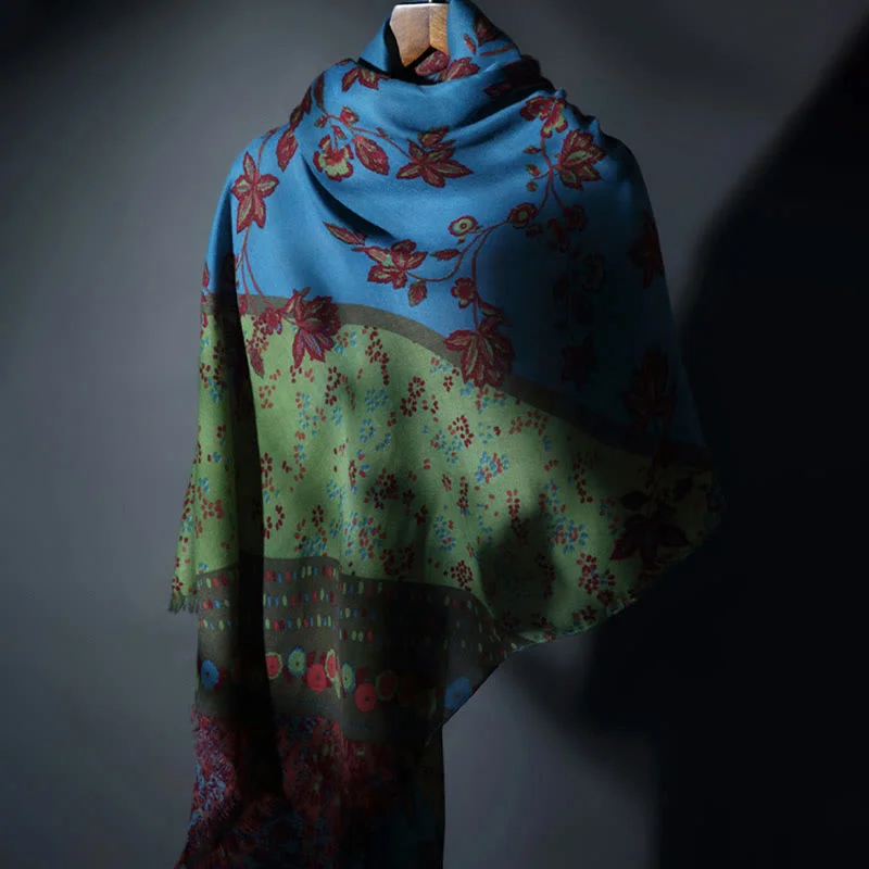 Buddha Stones Tibetan Shawl Ethnic Flower Branches Print Winter Cozy Soft Travel Scarf Wrap Classic Knit Shawl Wrap