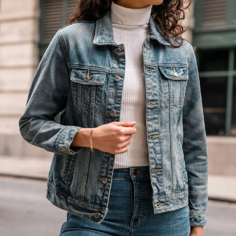 Denim Trucker Jacket | Medium Wash Cotton Fabric Linen Fabric Terry Fabric