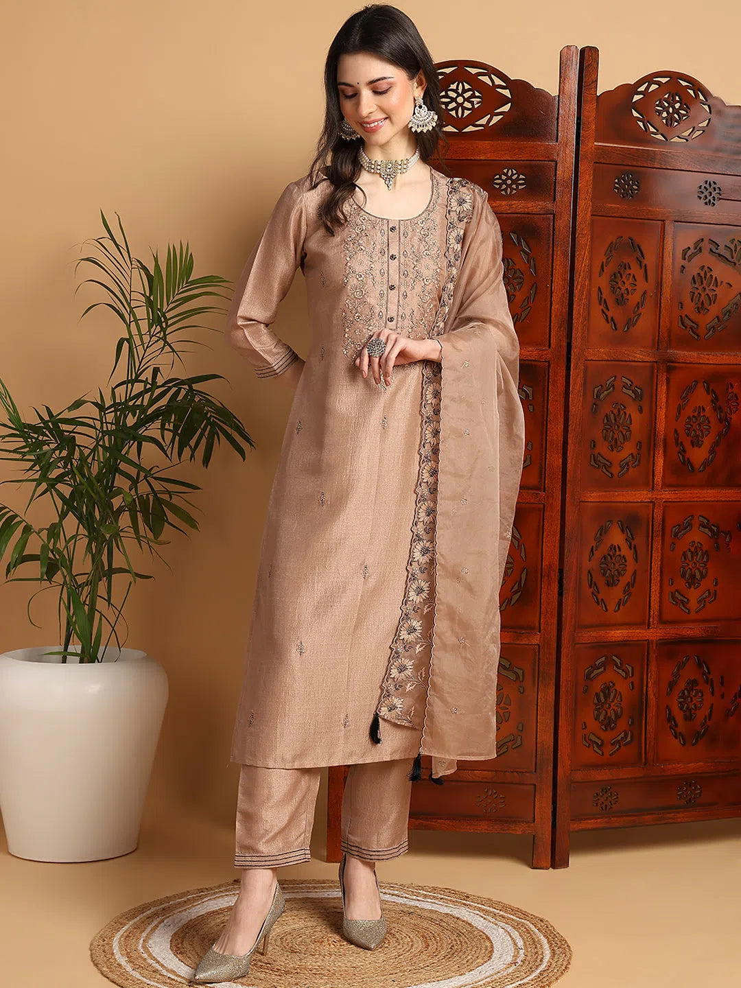 Ahika Women Beige Silk Blend Floral Embroidered Straight Kurta Trouser With Dupatta Trousers Capri Summer