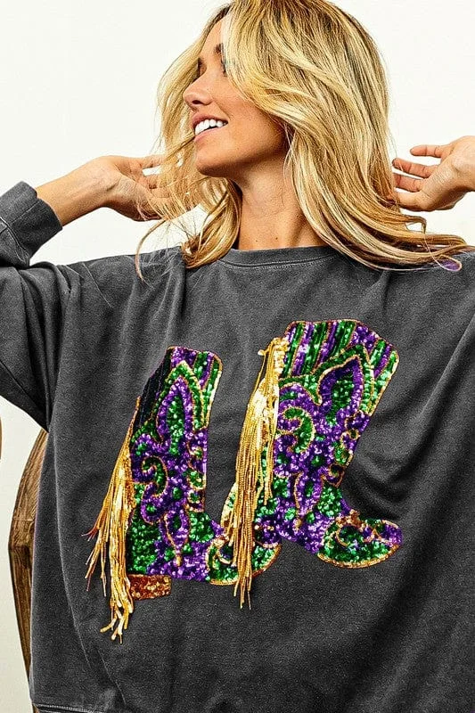 Vanilla Monkey Sequin Mardi Gras Boots with Fringe Trim Pullover Flutter Sleeve Feminine