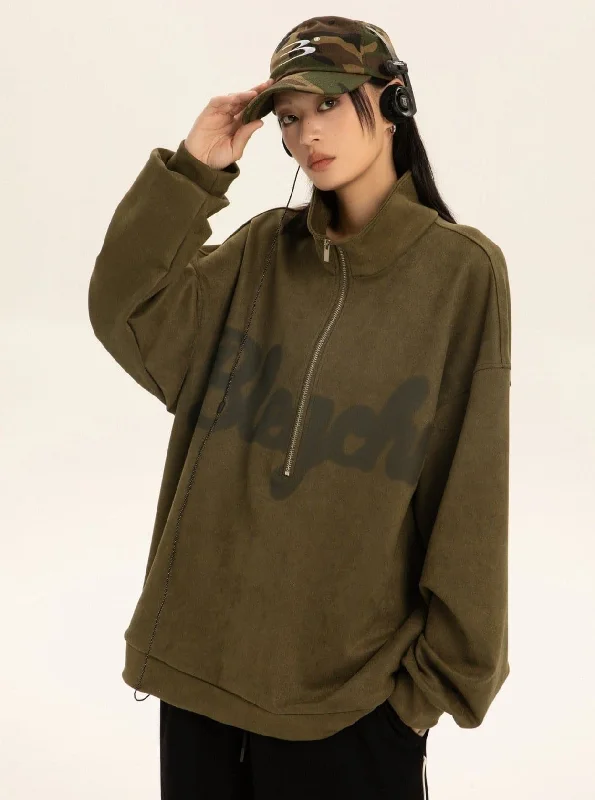 Luxury Oversized Suede Sweatshirt With Zipper Polo Collar Hoodie with Sequins Glamorous Eye-catching