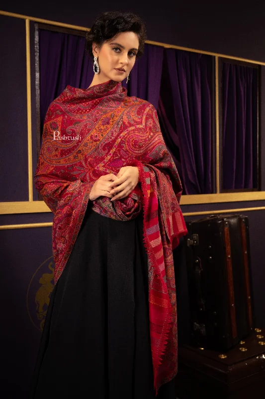Pashtush Womens 100% Pure Wool With Woolmark Certificate Shawl, Paisley Weave Design, Red Elegant Long Shawl Scarf