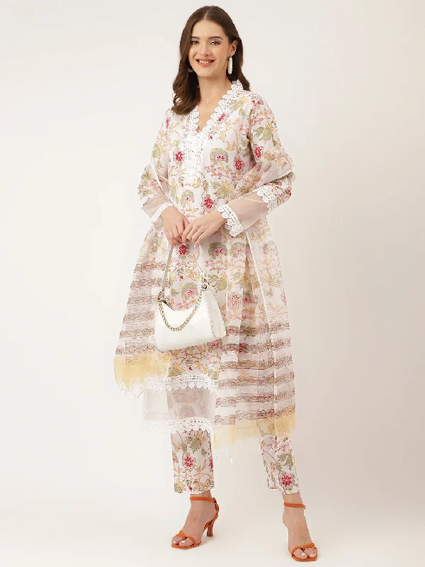 Divena White Hand Block Floral Print Cotton  Kurta, Trouser With Dupatta Trousers Prom Sequined