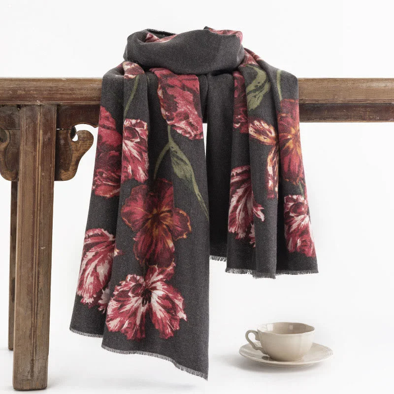 Buddha Stones Tibetan Shawl Elegant Flower Print Fall Winter Soft Warm Scarf Wrap Cozy Fleece Shawl Cape