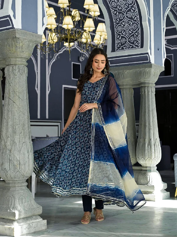 Divena Blue Printed Anarkali Muslin Shoulder Stripe Kurta Trouser with Dupatta Set Trousers Yoga Stretchy