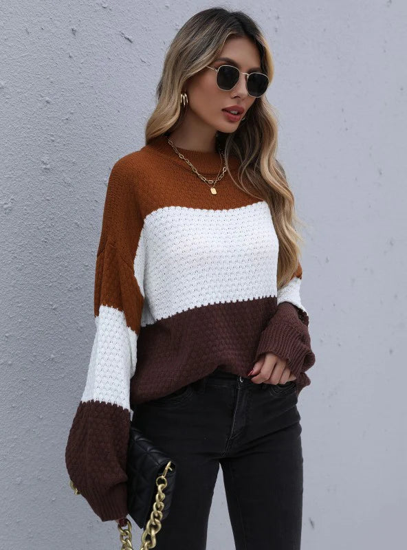LOOSE COLOR MATCHING SWEATER ROUND NECK PULLOVER Saggy Sleeve Comfort