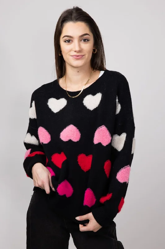 Miracle Multi Colored Hearts Sweater for Women in Black | W8378-BLACK Elasticated Padded Insulated