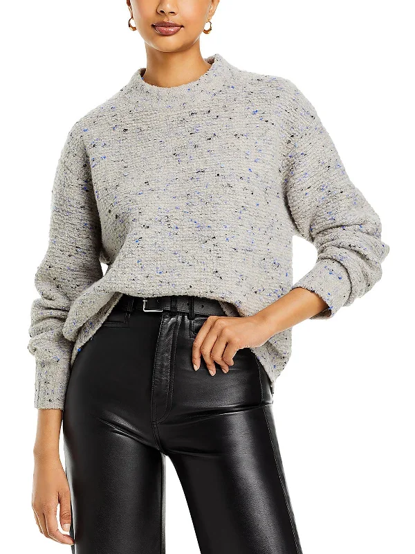 Boxy Mock Womens Tweed Boucle Pullover Sweater Batwing Sleeve Top