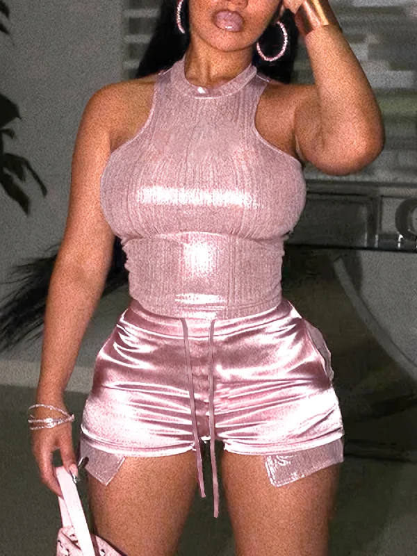 Sexy Knotted Front Shorts Set - Sleeveless Crew Neck Tank Top, High Elasticity Polyester Fabric, Pocket Details, Machine Washable - Spring/Summer Solid Color Outfit for Women seamless tank top