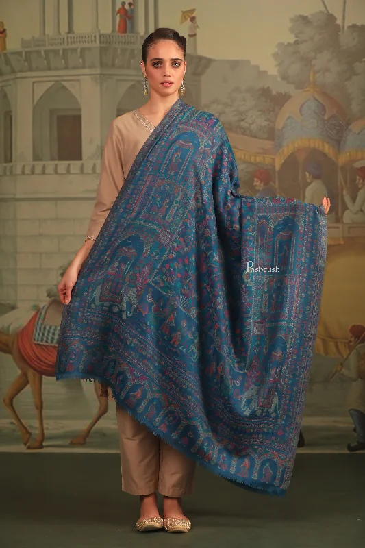 Pashtush Mens 100% Pure Wool Shawl With Woolmark Certificate, Ethnic Weave Soft And Warm Design, Blue Fashionable Shawl with Tassels