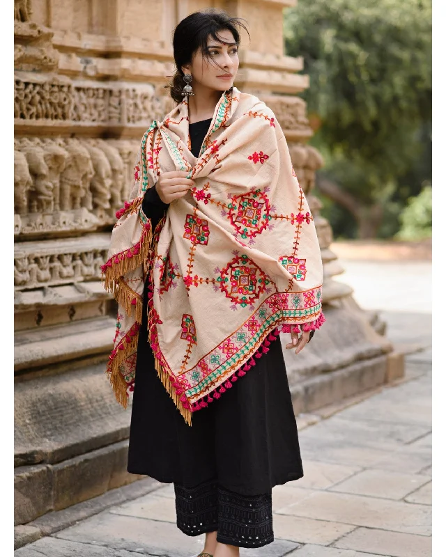 Women's Beige Floral Motifs Aari Heavily Embroidered Khadi Shawl/Dupatta With Rani Tassel Lace - MESMORA FASHION Warm Wool Shawl Cape Women's Beige Floral Motifs Aari Heavily Embroidered Khadi Shawl/Dupatta With Rani Tassel Lace - MESMORA FASHION Warm Wool Shawl Cape