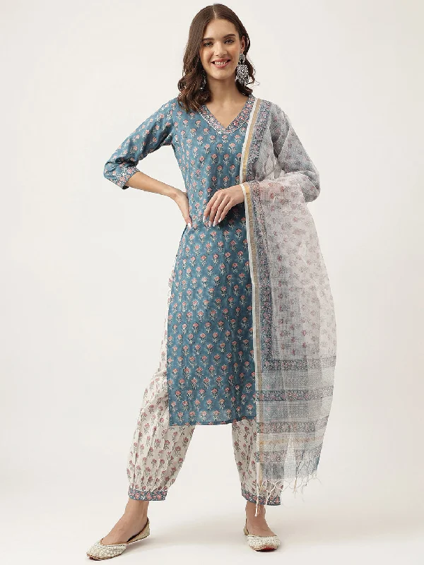 Divena Blue Floral Printed Cotton Embroidered kurta, Trouser with Dupatta Trousers Satin Smooth