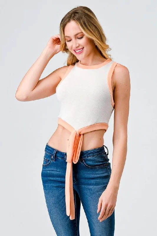 Ivory & Peach Sleeveless Tie Hem Crop Tank Top /1-2-2-1 one shoulder tank