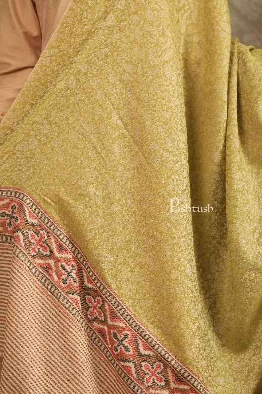 Pashtush Womens Extra Fine Wool Shawl, Aztec Palla Design, Olive Green Soft Faux Fur Shawl