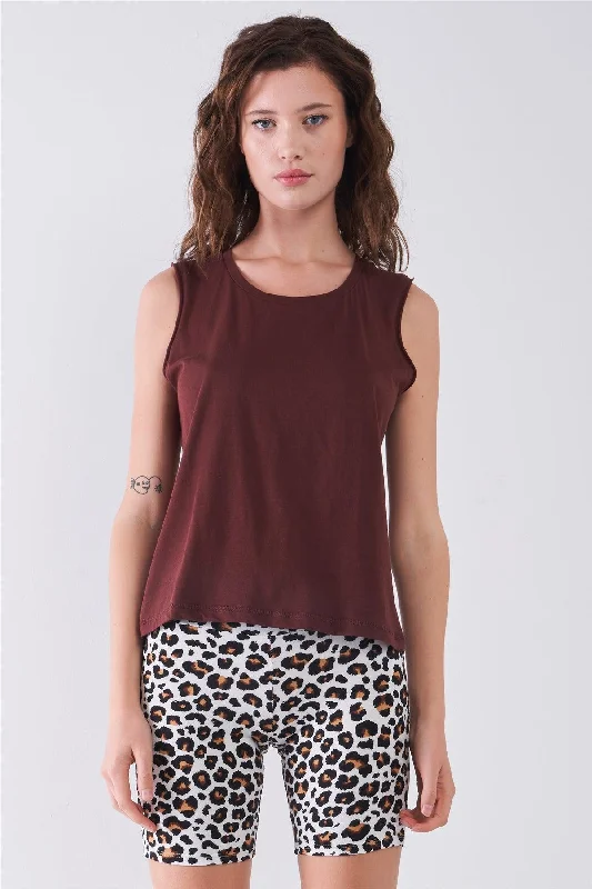 Burgundy Solid Sleeveless Raw Hem Detail Round Neck Basic Tank Top off shoulder tank